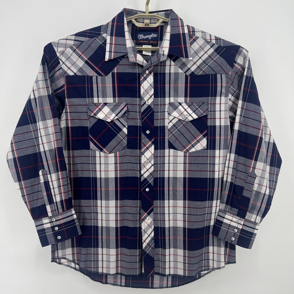 Wrangler Regular Fit X Long Tails Pearl Snap 16.5-34 Blue Plaid